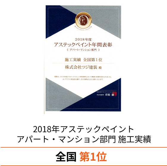 2018年アステックペイントアパート・マンション部門 施工実績 全国 第1位