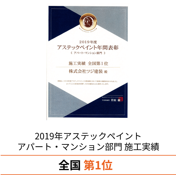 2019年アステックペイントアパート・マンション部門 施工実績 全国 第1位